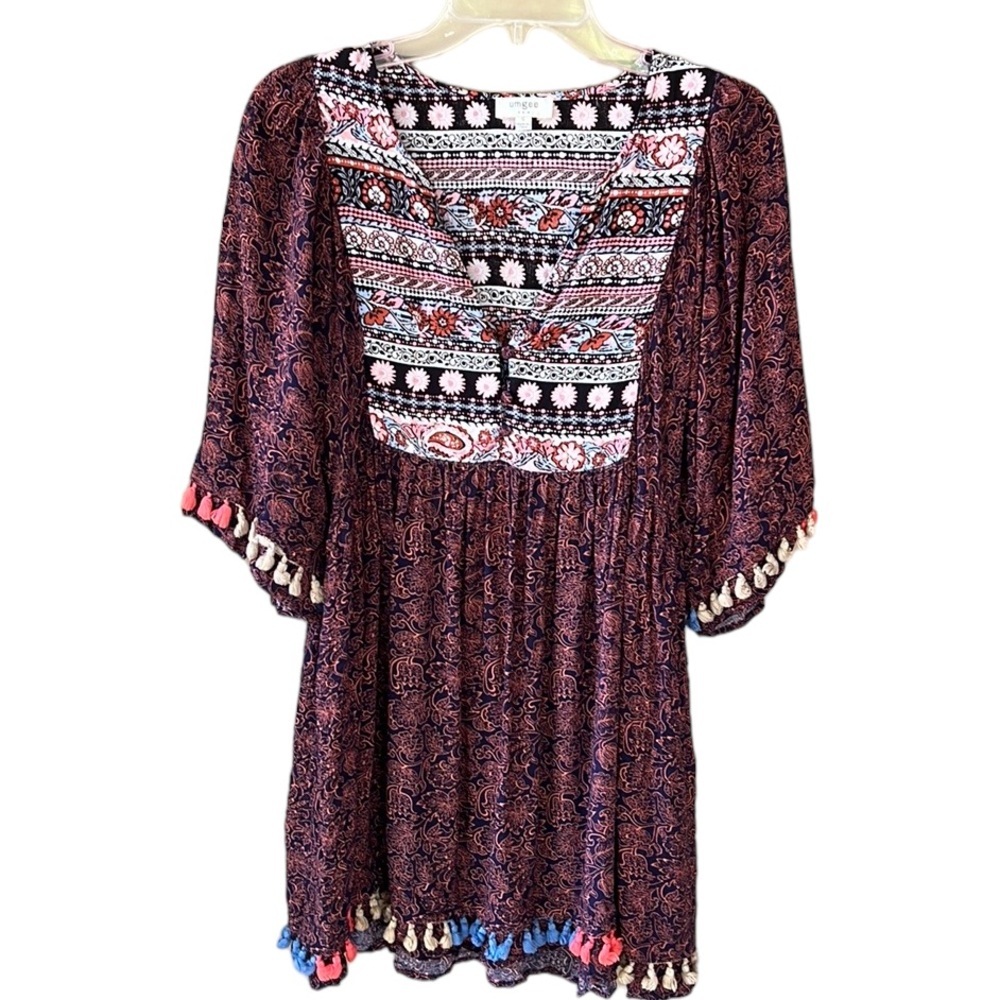Umgee Bohemian Peasant Tassel Mixed Print Yoke Collar Tunic Top Sz S